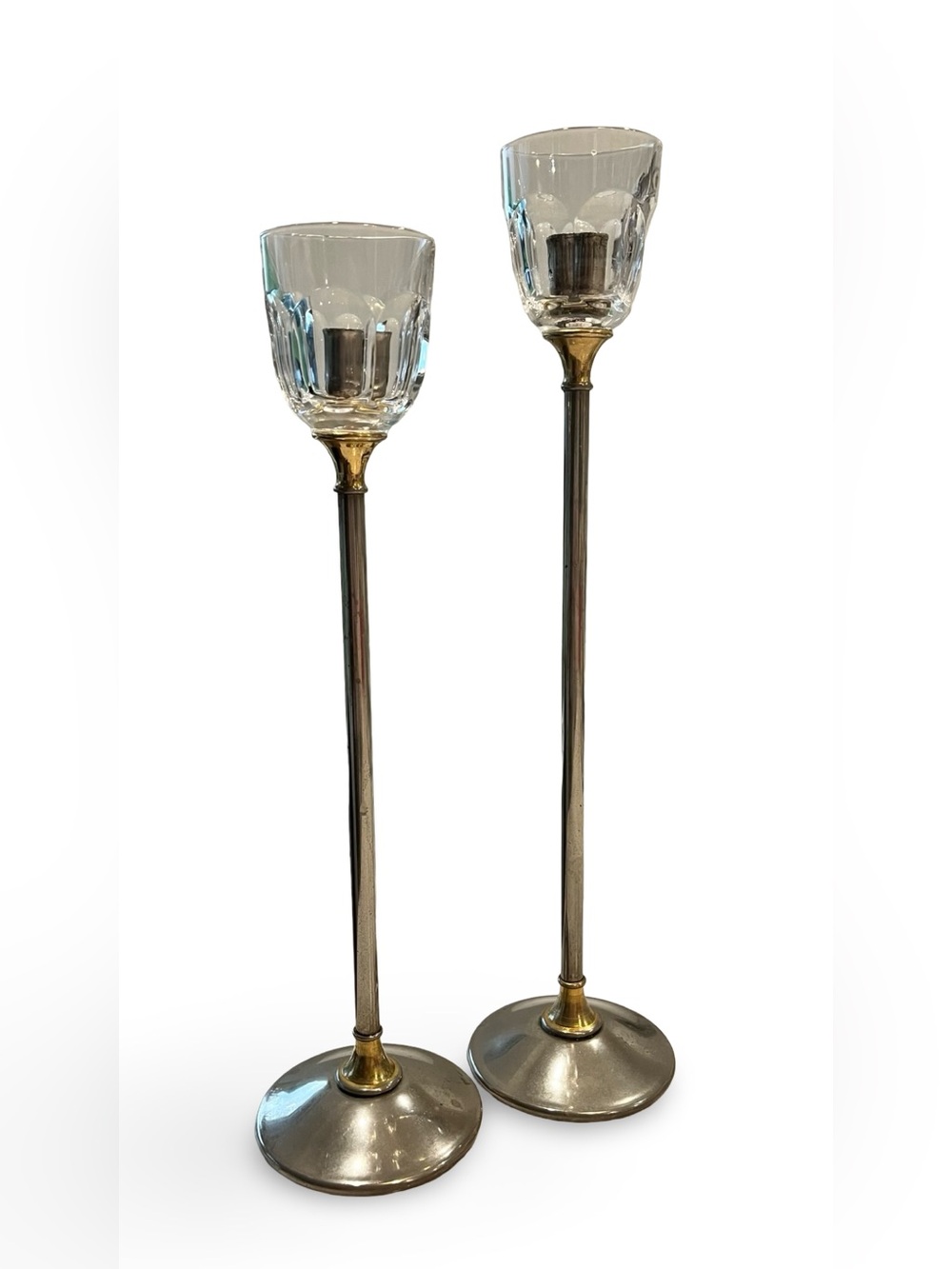 Vintage Italian Crystal Silver-Plated Brass Candlestick Holder Pair